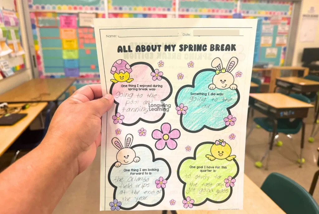 spring break reflection worksheet for upper elementary with student responses about activities and goals