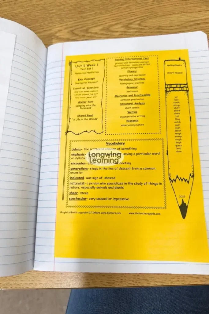 fifth grade spelling notebook with weekly word list