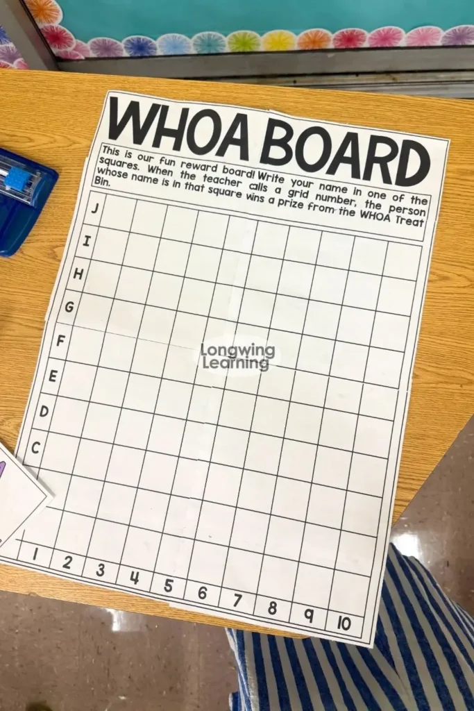 finished classroom poster example, WHOA reward board display