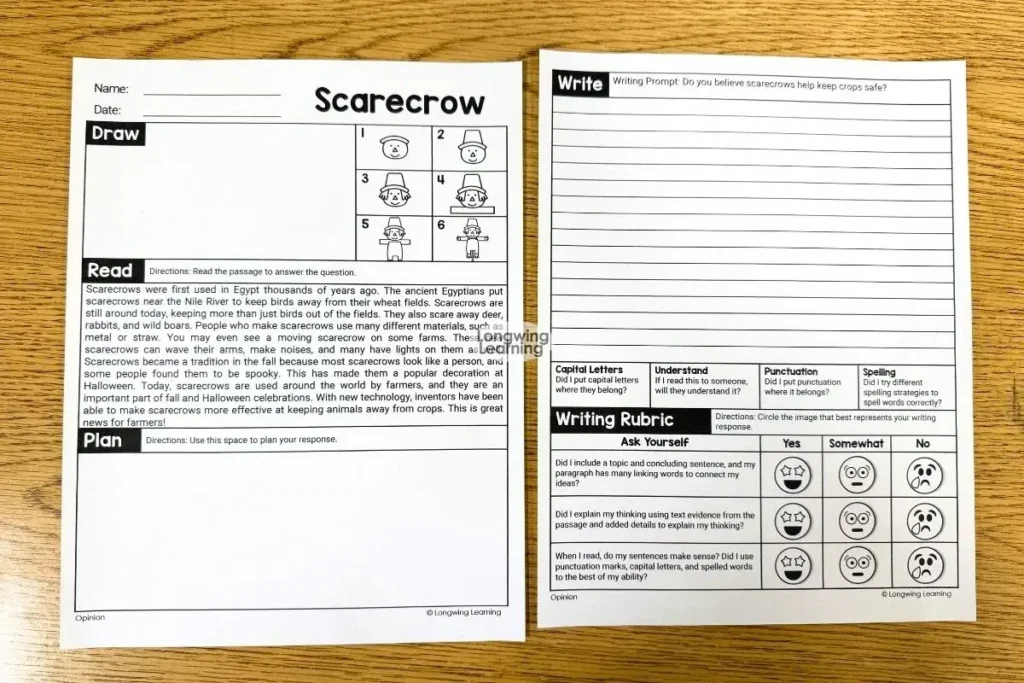 Scarecrow fall writing prompt passage and response pages for upper elementary students