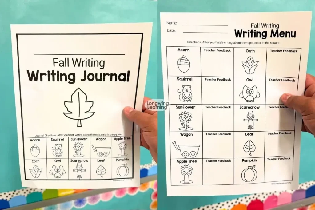 Fall writing journal and seasonal writing menu for upper elementary classroom activities