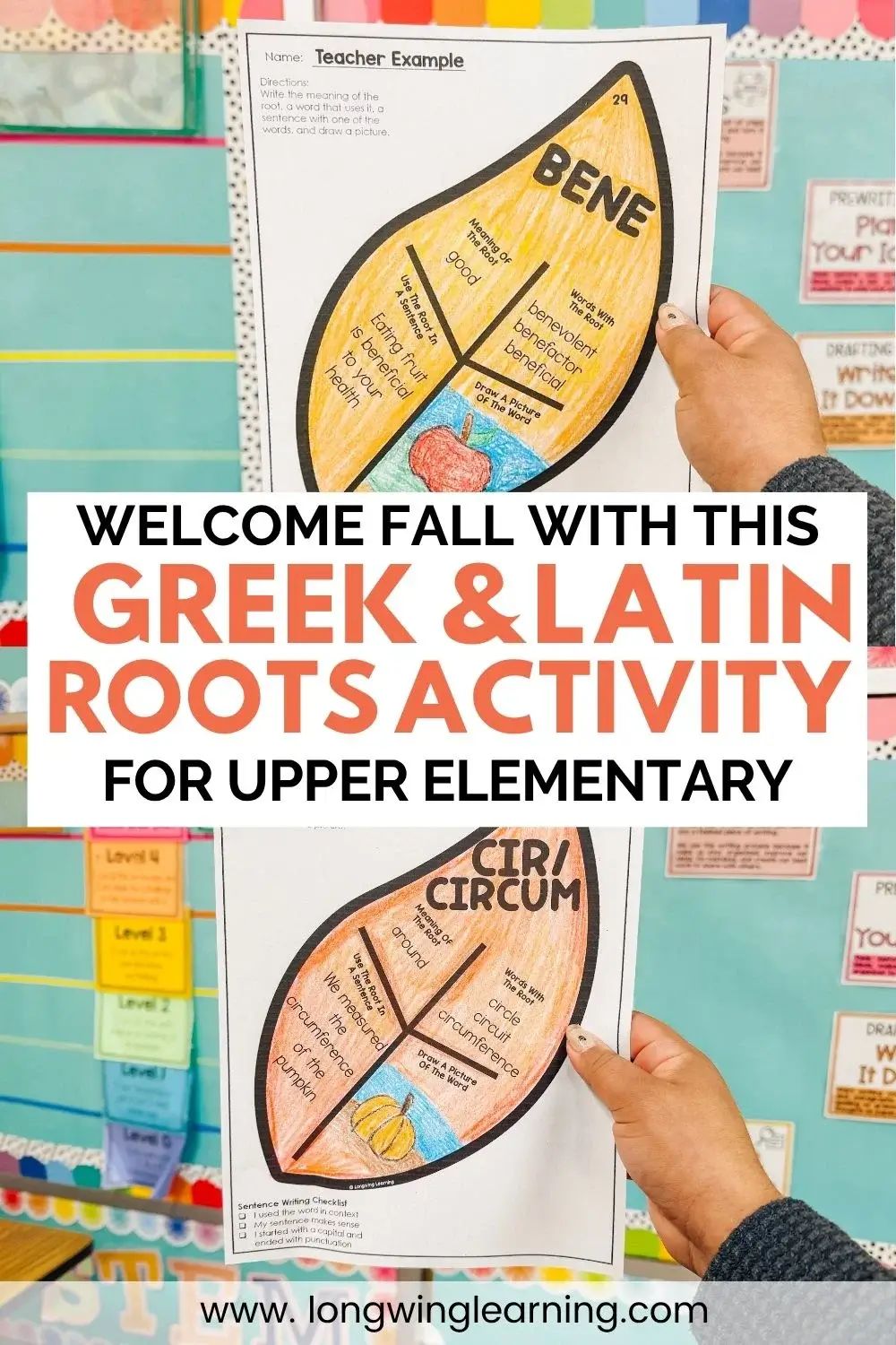 Fall Greek and Latin roots activity for 4th and 5th grade featuring a leaf root word craft