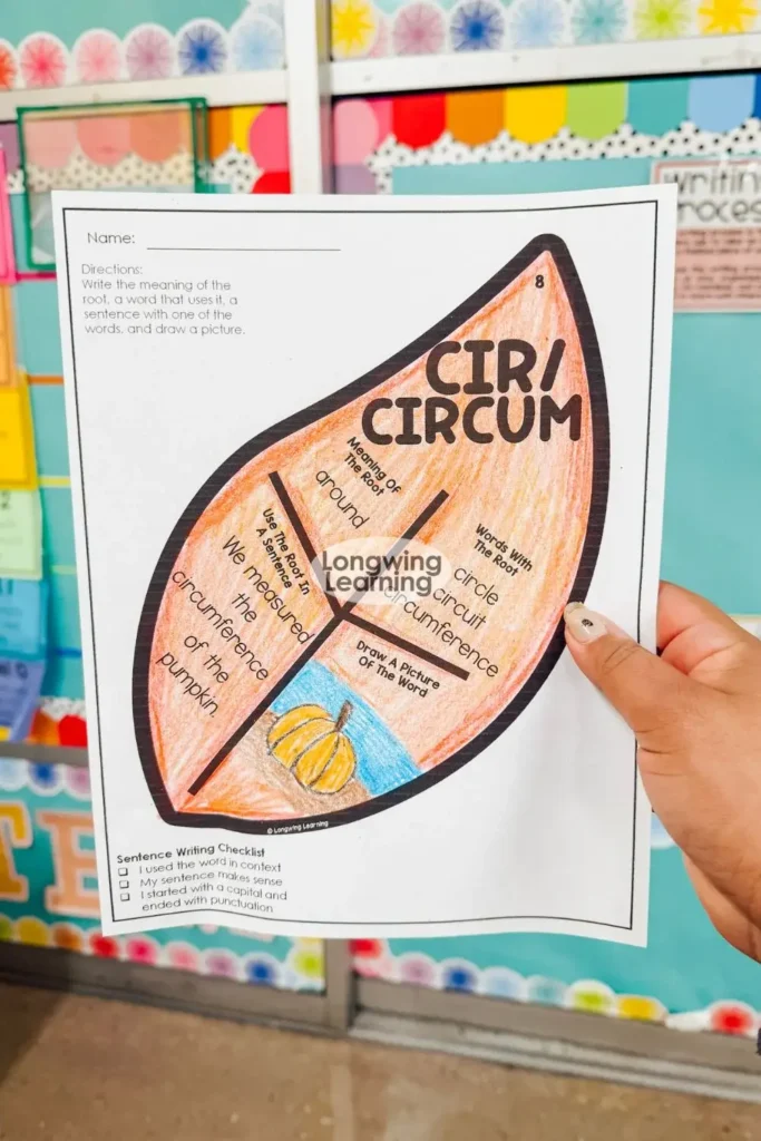 Student example of a fall Greek and Latin roots activity using the root cir and circum
