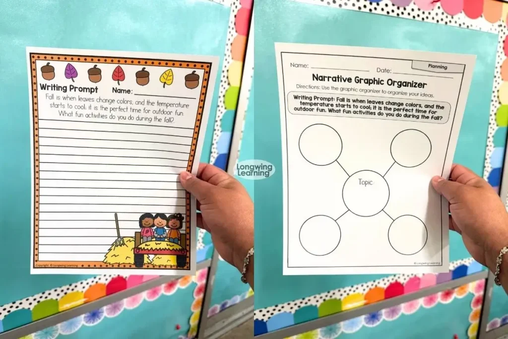 Fall paragraph writing worksheets for upper elementary with reading passage and writing response pages