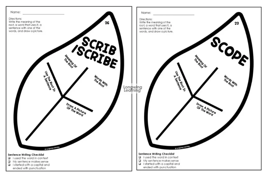 Printable Greek and Latin roots leaf activity for practicing root meanings and vocabulary