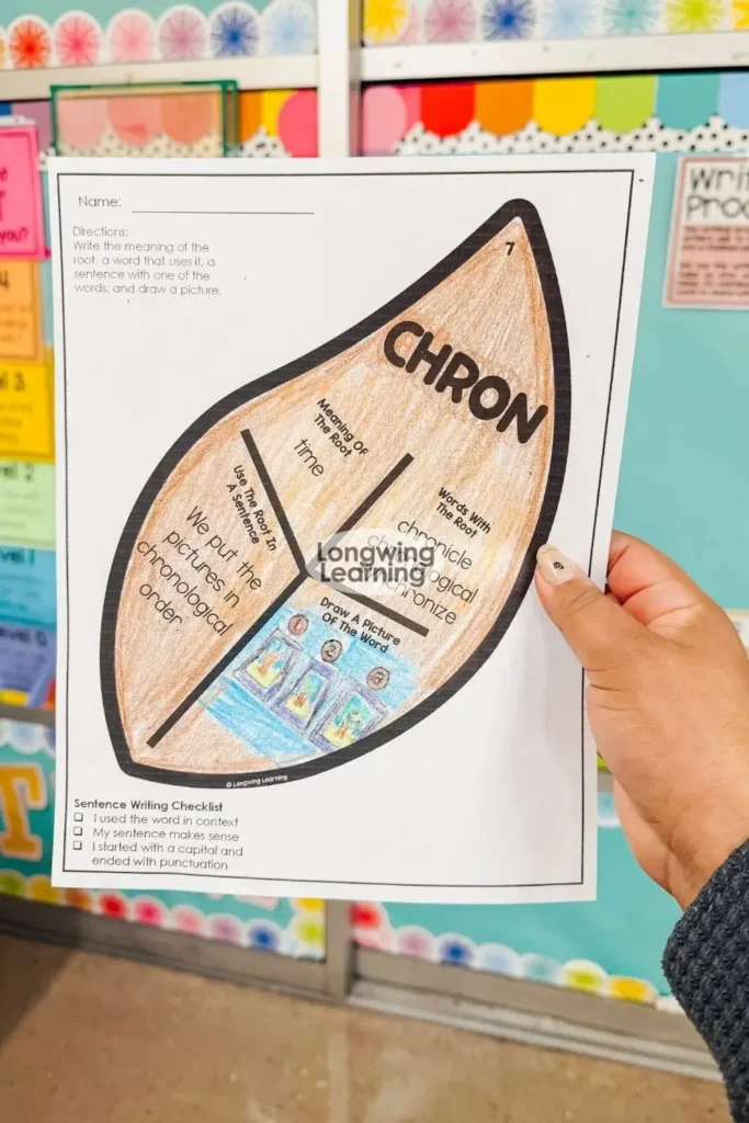 Greek and Latin root word activity using the root chron in a fall leaf craft