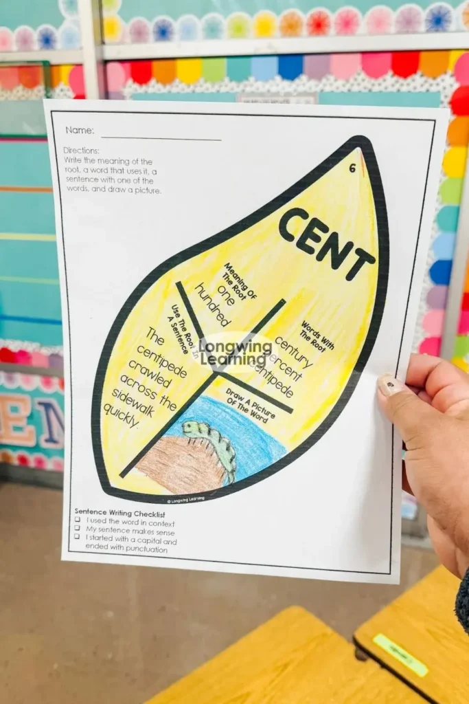 Latin root cent vocabulary activity using a fall leaf craft in an upper elementary classroom