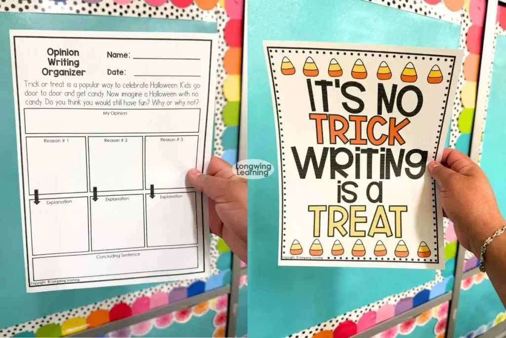 Halloween-themed graphic organizer and fall writing activity for upper elementary students