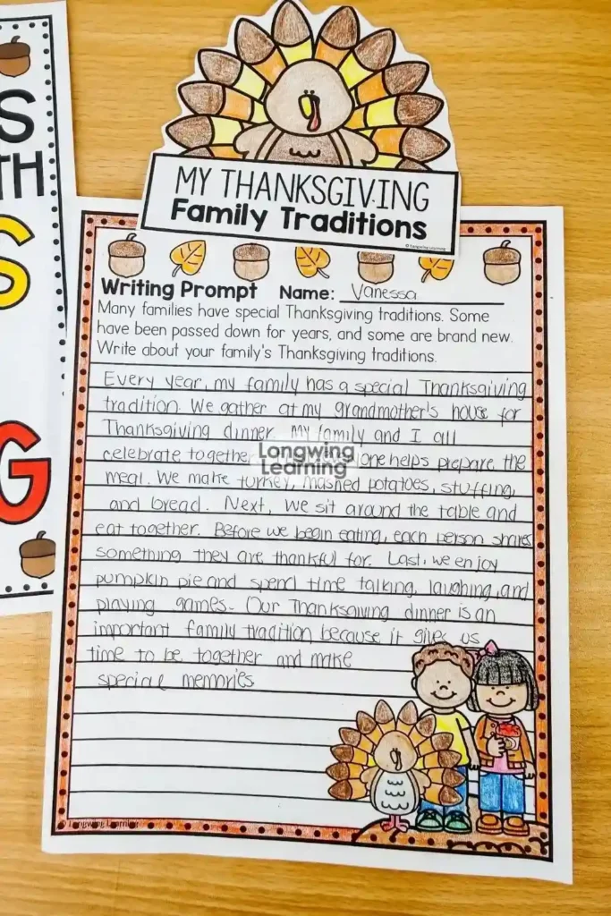 Completed Thanksgiving family traditions writing pages from upper elementary students
