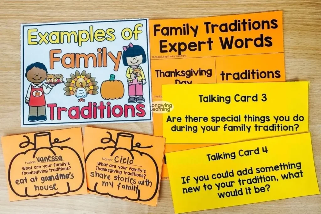 Family traditions discussion cards and anchor chart for a Thanksgiving writing lesson