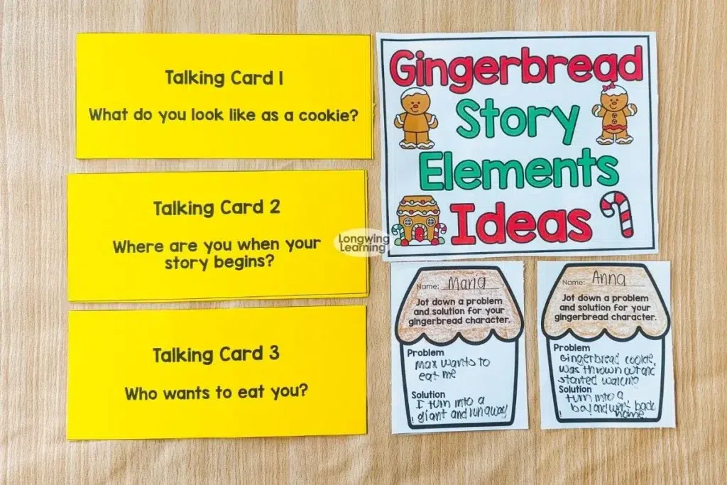 Gingerbread story elements anchor chart with yellow talking cards for discussing characters, setting, and story events