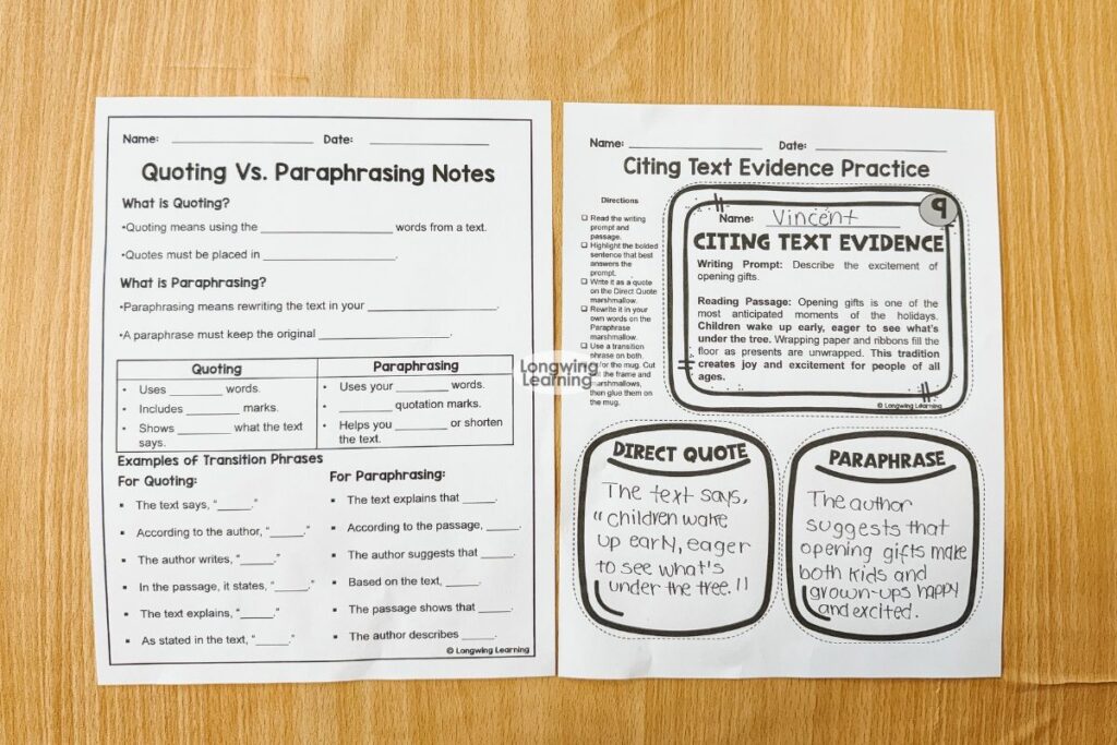 Guided notes next to a mug practice page