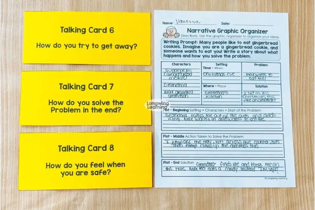 Gingerbread Man conversation cards with questions to help students identify story problems and possible solution