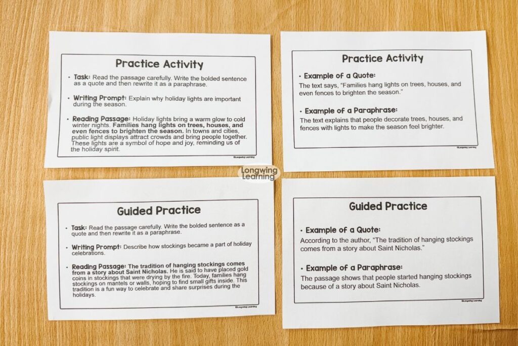 Printed quoting and paraphrasing practice slides