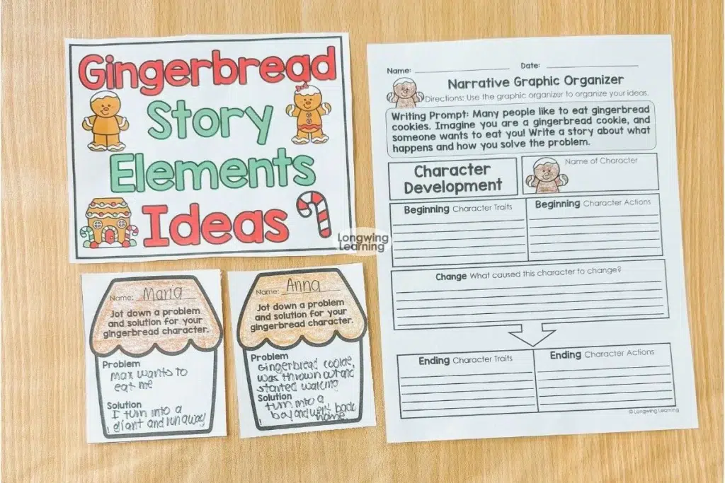 Gingerbread story elements anchor chart and completed narrative writing graphic organizer with student responses