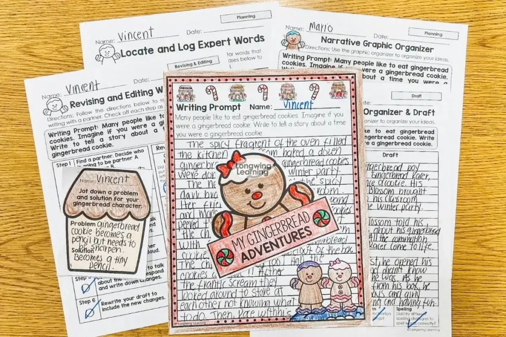 Gingerbread Man narrative writing worksheets, completed student examples, and illustrated gingerbread writing activity