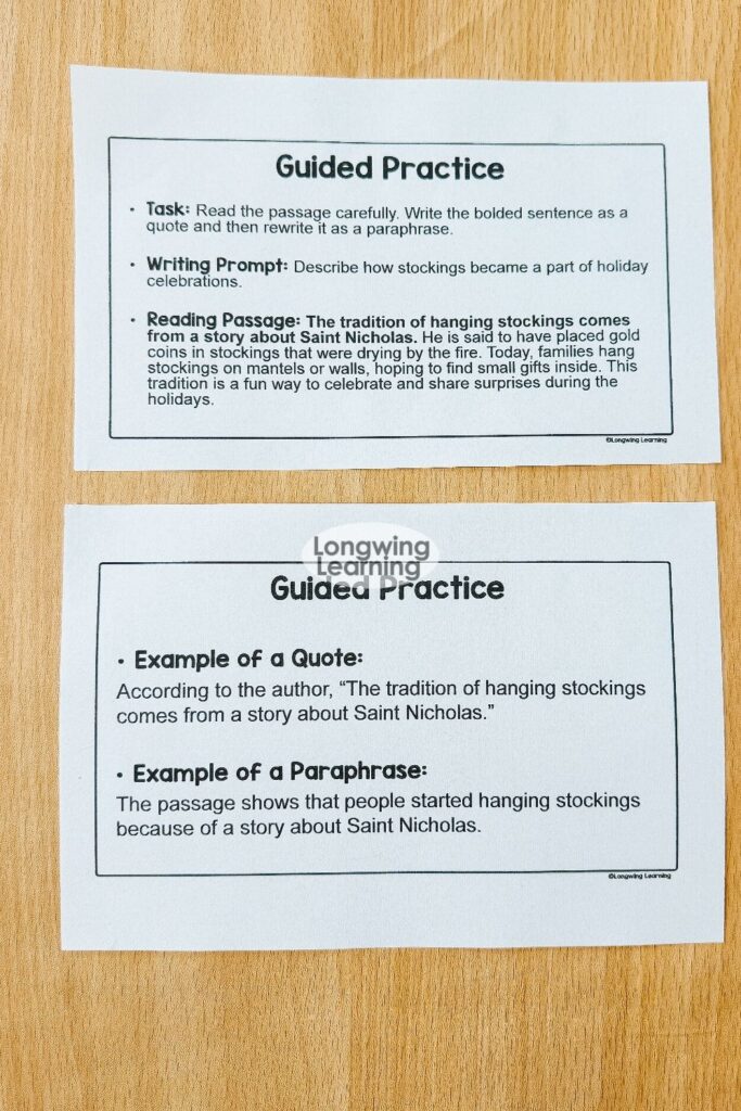 Printed guided practice slides with example answers