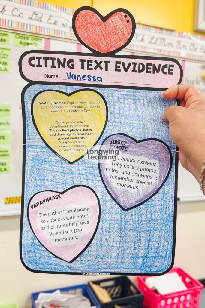 Heart-themed citing text evidence craft