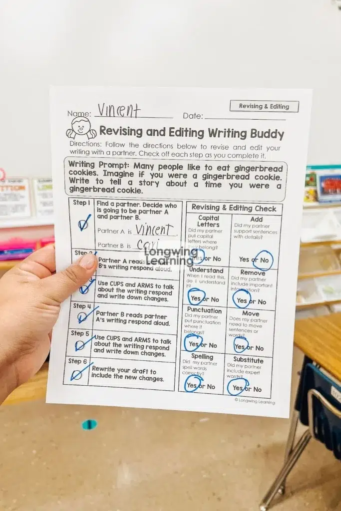 Student revising and editing writing buddy checklist with examples of narrative writing revision strategies