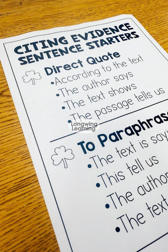 Citing evidence sentence starters anchor chart