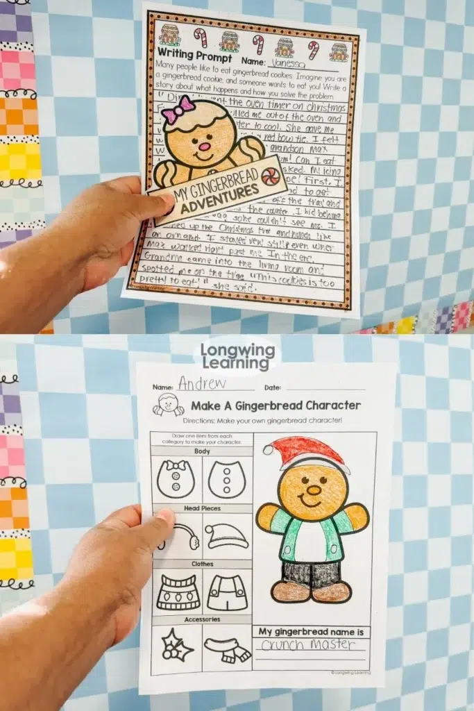 Gingerbread Man writing activity with completed student writing and a draw-a-gingerbread-character worksheet