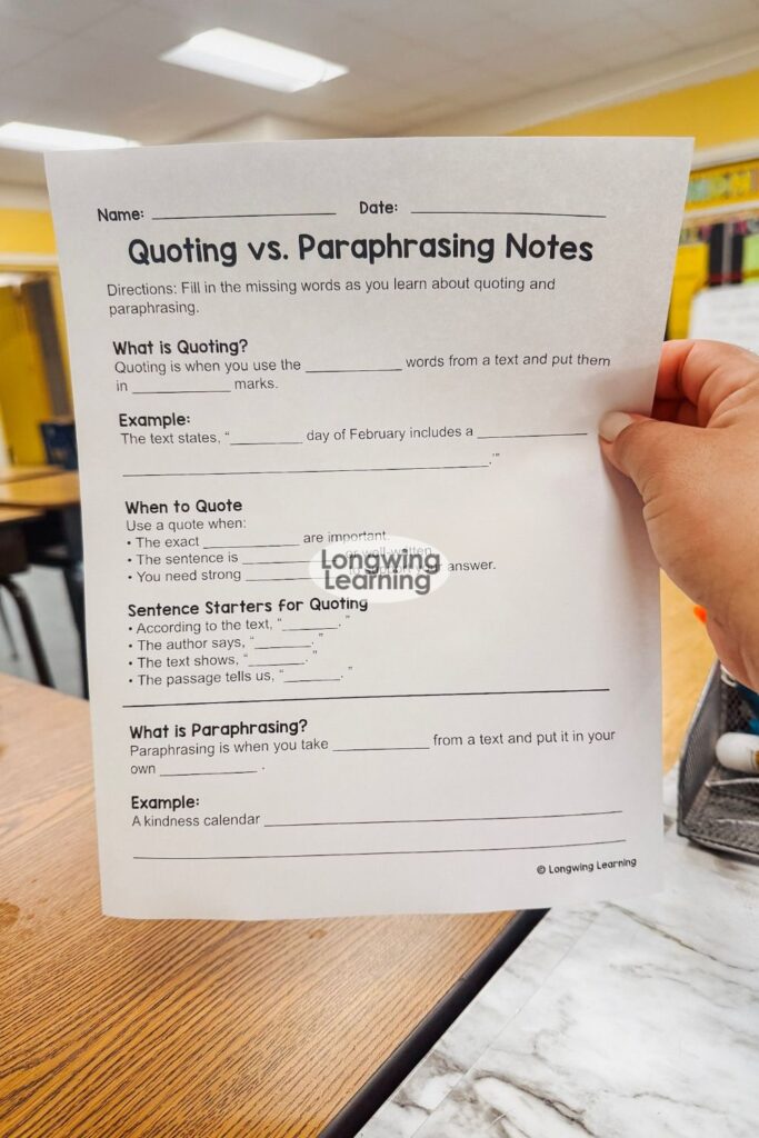 Blank Quoting vs. Paraphrasing notes page