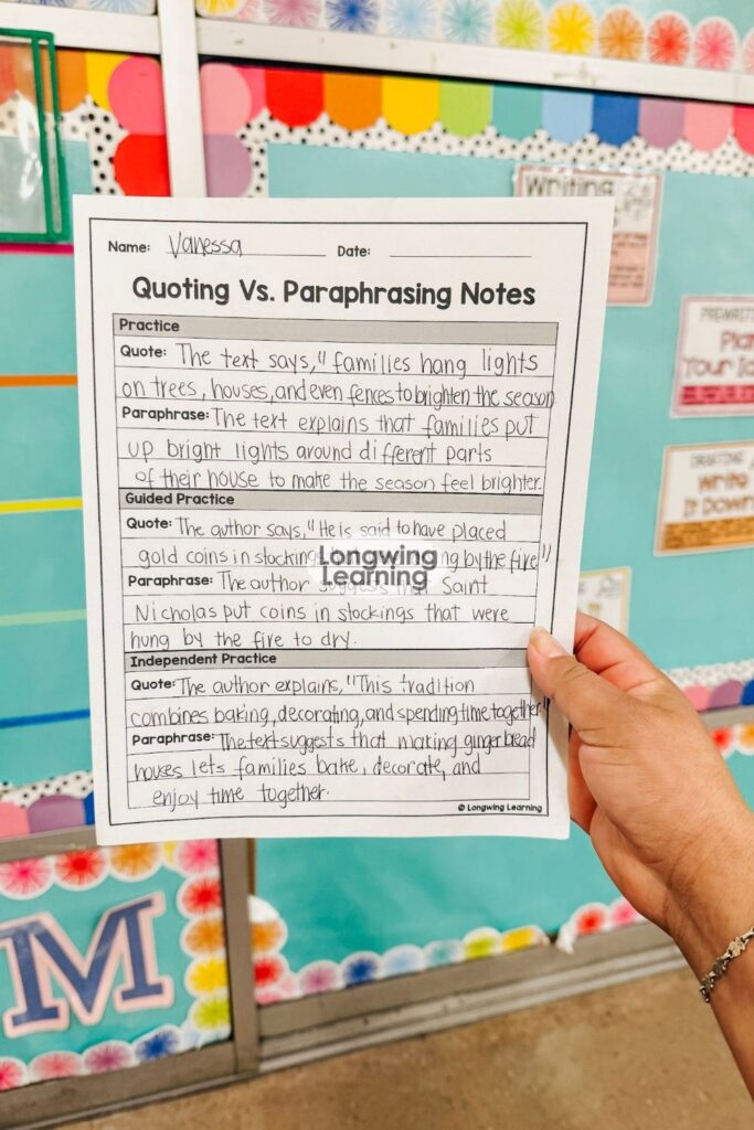 Completed quoting and paraphrasing practice page