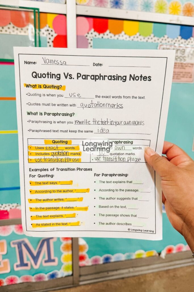 Completed Quoting vs. Paraphrasing notes with highlighting
