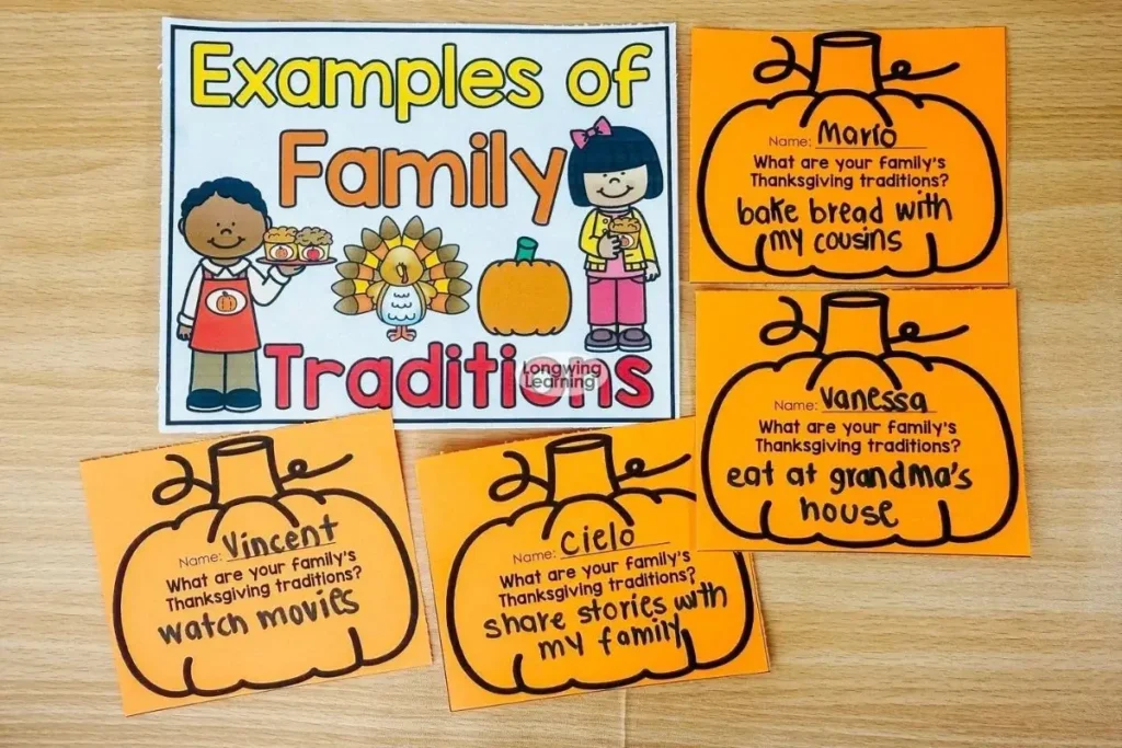 Student brainstorming family traditions for a Thanksgiving writing prompt