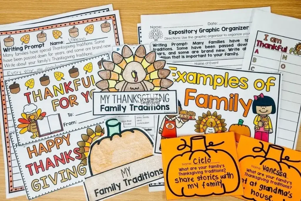 Thanksgiving writing activity resource with family traditions prompt, graphic organizers, and bulletin board pieces