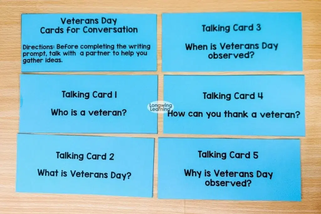 Veterans Day discussion cards and vocabulary words for upper elementary students