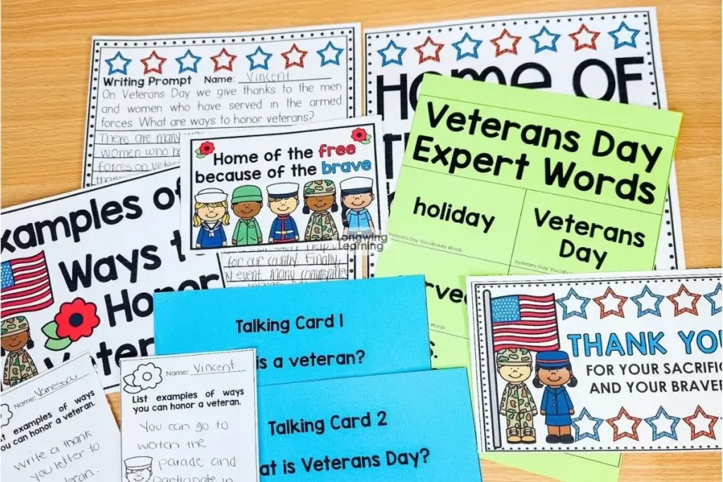 Veterans Day writing activity for upper elementary with graphic organizers, toppers, and thank you cards