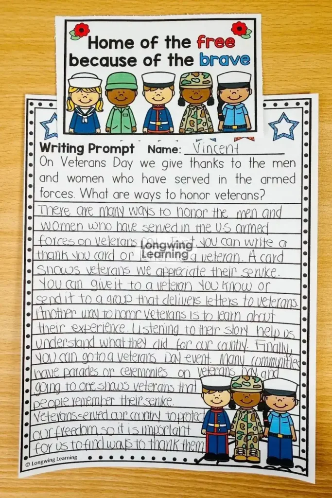Veterans Day writing bulletin board with Home of the free because of the brave toppers