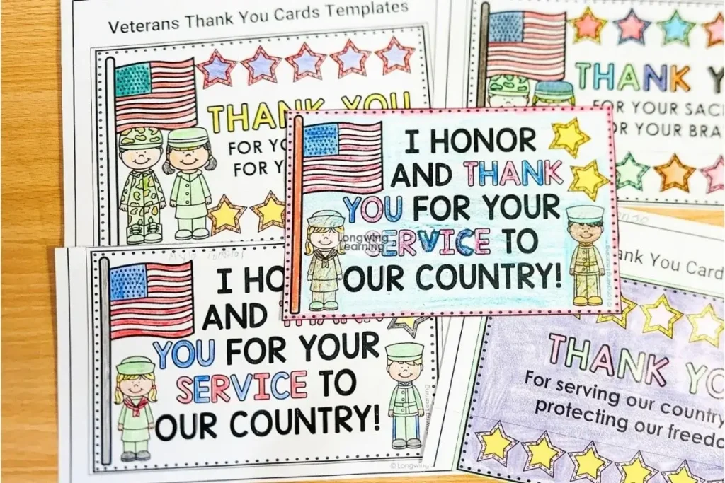 Veterans day thank you cards to color