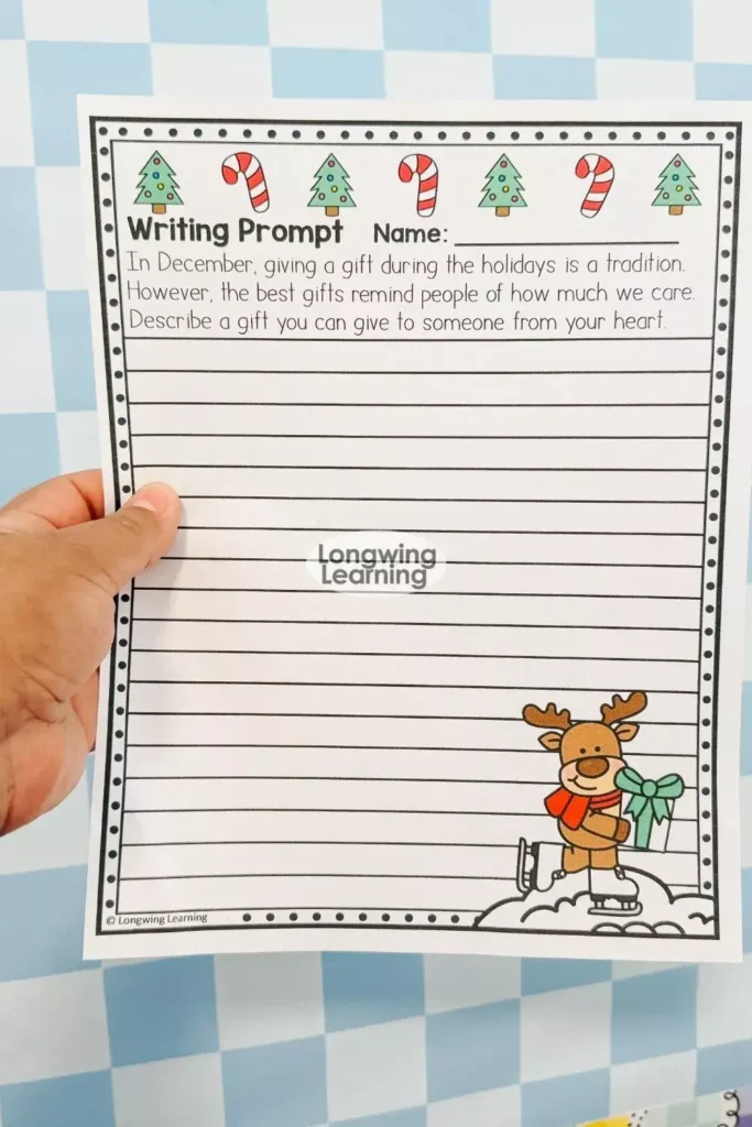 blank-christmas-writing-prompt-page-with-lines-and-a-reindeer-holding-a-gift-