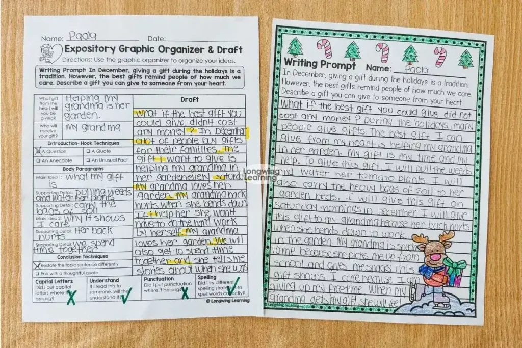 completed-graphic-organizer-and-draft-beside-a-finished-christmas-writing-project