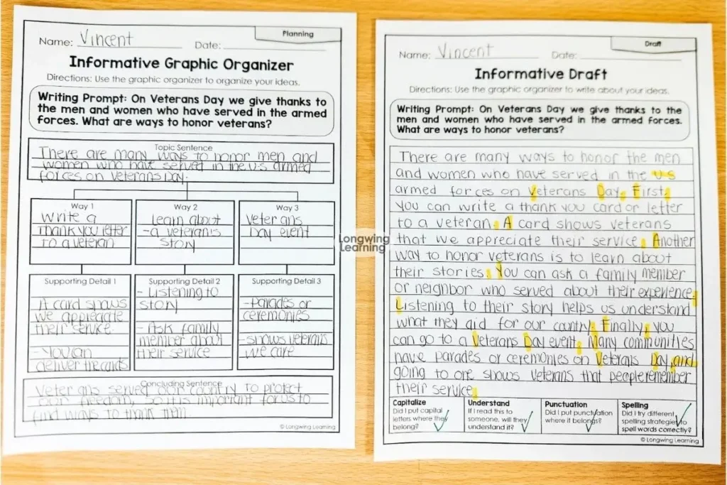graphic organizer for prewriting activity for veterans day