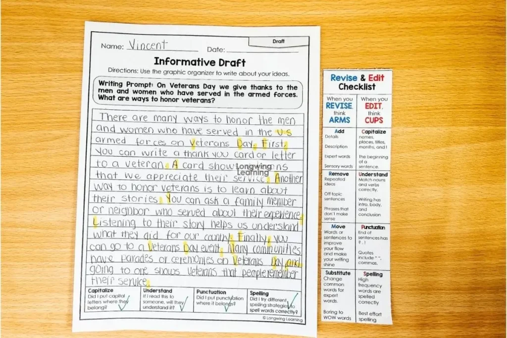 revising and editing partner activity for veterans day writing prompt